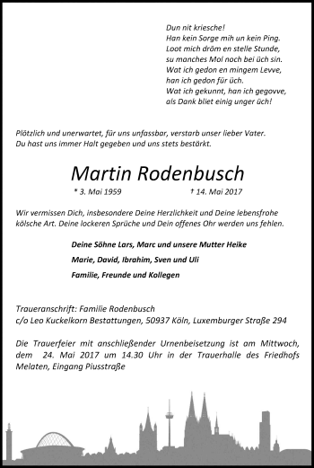 Anzeige von Martin Rodenbusch von Kölner Stadt-Anzeiger / Kölnische Rundschau / Express