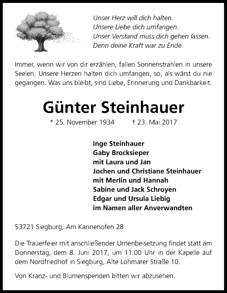  Traueranzeige für Günter Steinhauer vom 31.05.2017 aus Kölner Stadt-Anzeiger / Kölnische Rundschau / Express