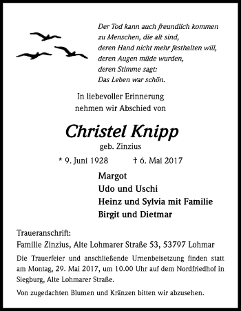 Anzeige von Christel Knipp von Kölner Stadt-Anzeiger / Kölnische Rundschau / Express