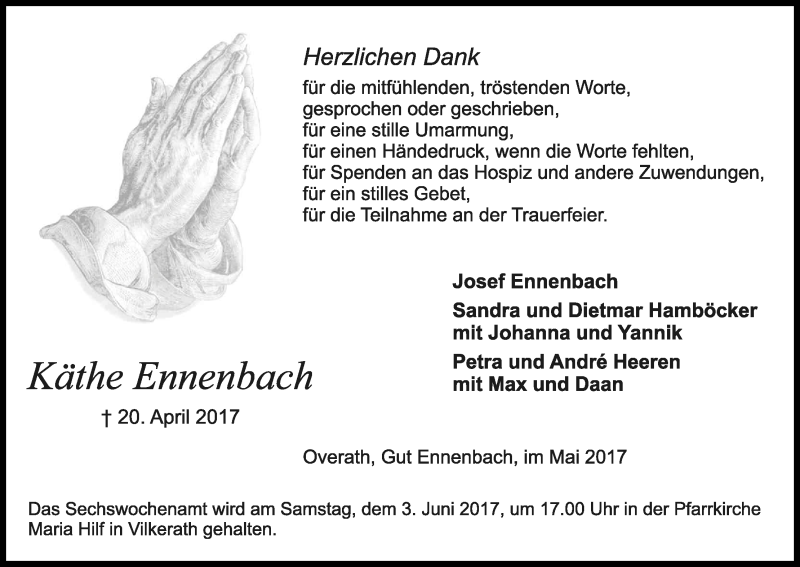  Traueranzeige für Käthe Ennenbach vom 27.05.2017 aus Kölner Stadt-Anzeiger / Kölnische Rundschau / Express