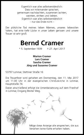 Anzeige von Bernd Cramer von Kölner Stadt-Anzeiger / Kölnische Rundschau / Express