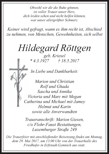 Anzeige von Hildegard Röttgen von  Werbepost 