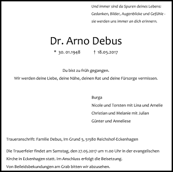 Anzeige von Arno Debus von Kölner Stadt-Anzeiger / Kölnische Rundschau / Express