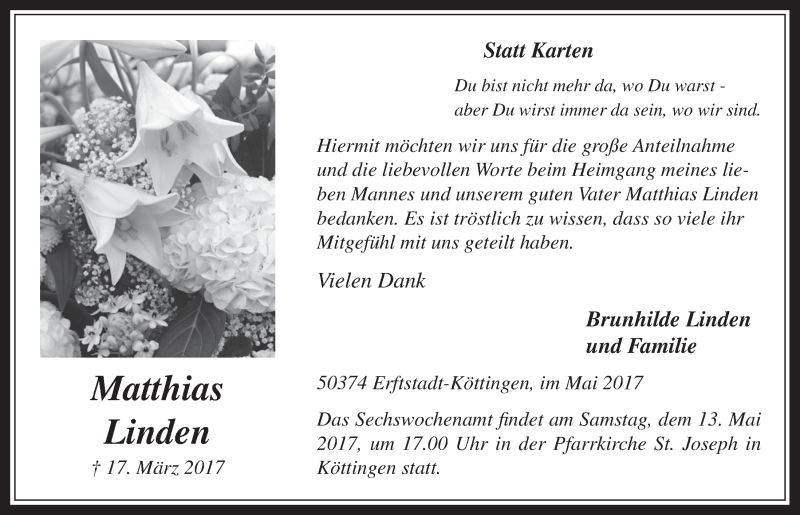  Traueranzeige für Matthias Linden vom 03.05.2017 aus  Werbepost 