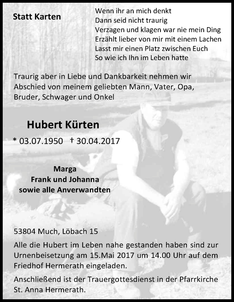  Traueranzeige für Hubert Kürten vom 10.05.2017 aus Kölner Stadt-Anzeiger / Kölnische Rundschau / Express