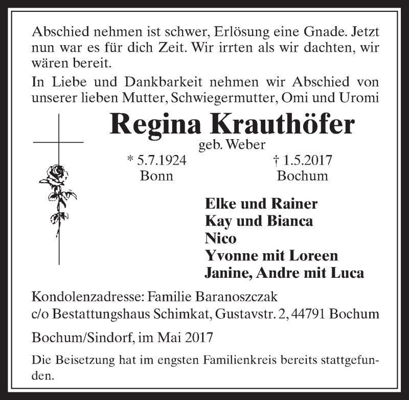  Traueranzeige für Regina Krauthöfer vom 24.05.2017 aus  Werbepost 