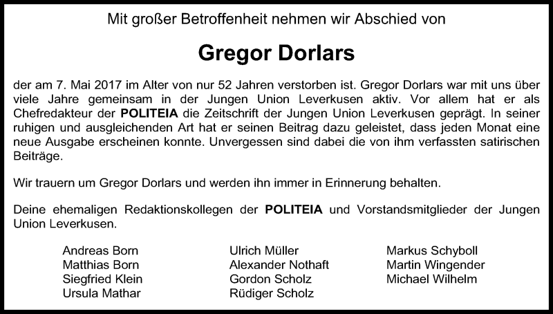  Traueranzeige für Gregor Dorlars vom 18.05.2017 aus Kölner Stadt-Anzeiger / Kölnische Rundschau / Express