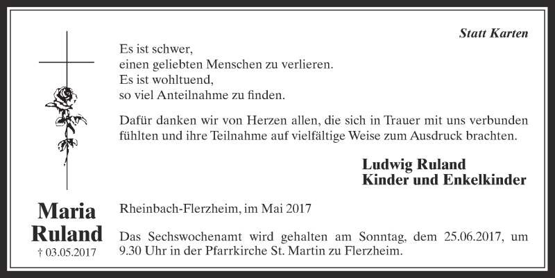  Traueranzeige für Maria Ruland vom 31.05.2017 aus  Schaufenster/Blickpunkt 