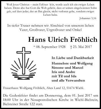 Anzeige von Hans Ulrich Fröhlich von Kölner Stadt-Anzeiger / Kölnische Rundschau / Express