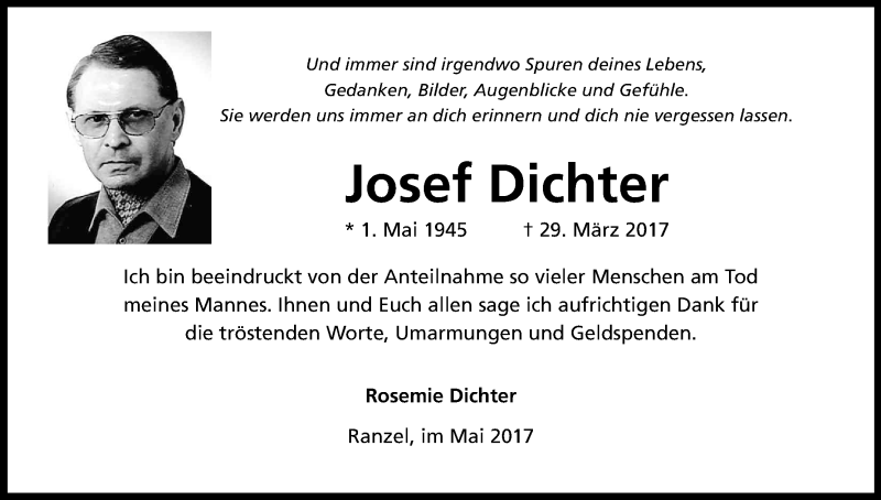  Traueranzeige für Josef Dichter vom 06.05.2017 aus Kölner Stadt-Anzeiger / Kölnische Rundschau / Express