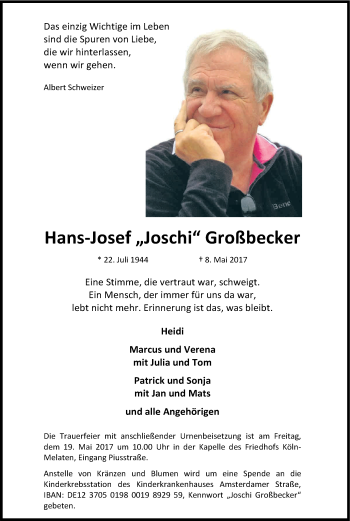 Anzeige von Hans-Josef Großbecker von Kölner Stadt-Anzeiger / Kölnische Rundschau / Express