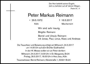 Anzeige von Peter Markus Reimann von Kölner Stadt-Anzeiger / Kölnische Rundschau / Express