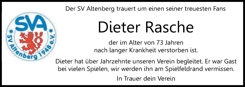  Traueranzeige für Dieter Rasche vom 19.05.2017 aus Kölner Stadt-Anzeiger / Kölnische Rundschau / Express