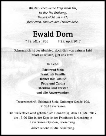 Anzeige von Ewald Dorn von Kölner Stadt-Anzeiger / Kölnische Rundschau / Express