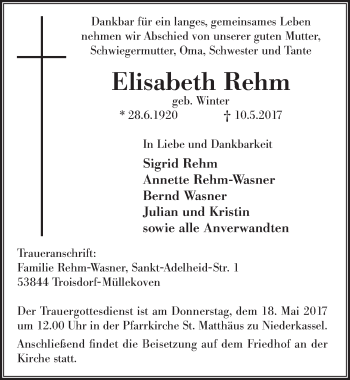 Anzeige von Elisabeth Rehm von  Extra Blatt 
