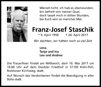 Anzeige von Franz-Josef Staschik von Kölner Stadt-Anzeiger / Kölnische Rundschau / Express