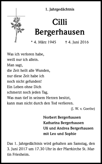 Anzeige von Cilli Bergerhausen von Kölner Stadt-Anzeiger / Kölnische Rundschau / Express