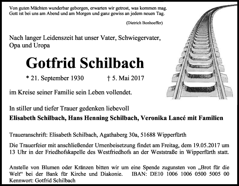  Traueranzeige für Gotfrid Schilbach vom 13.05.2017 aus Kölner Stadt-Anzeiger / Kölnische Rundschau / Express