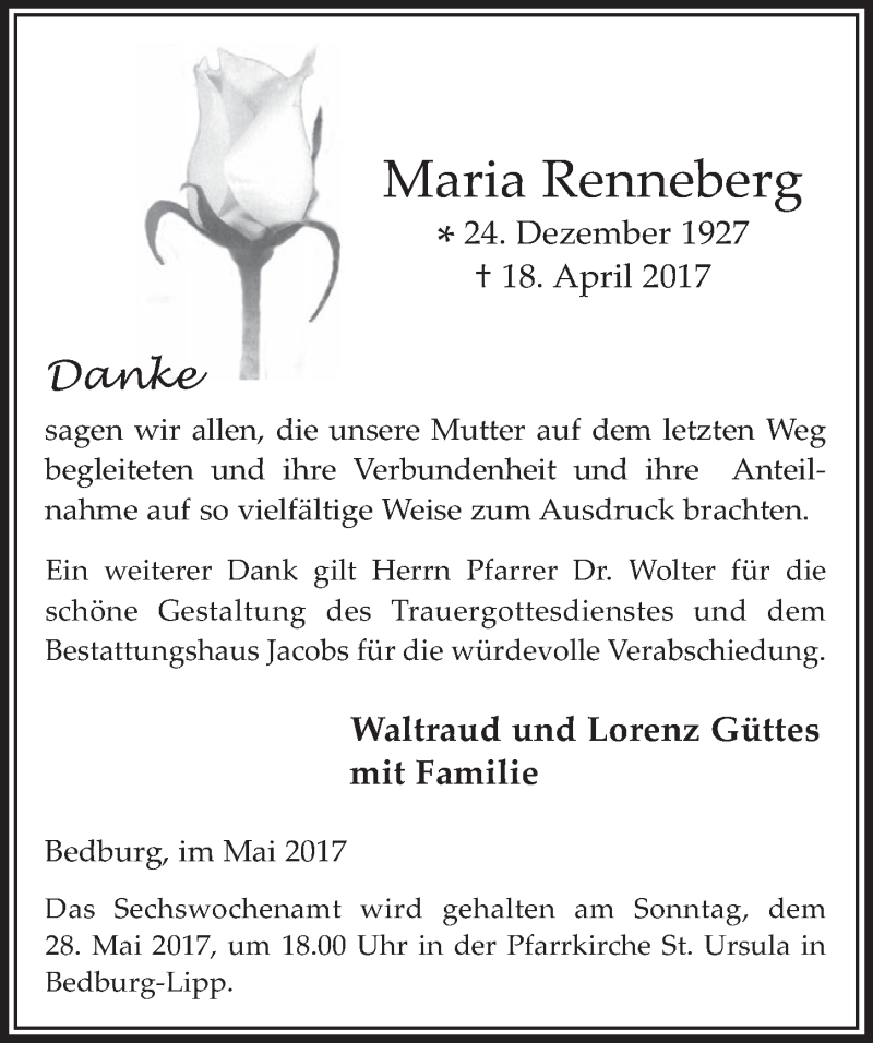  Traueranzeige für Maria Renneberg vom 17.05.2017 aus  Werbepost 