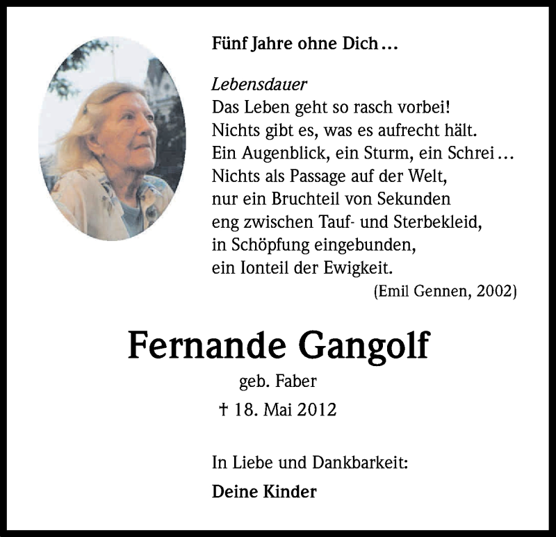  Traueranzeige für Fernande Gangolf vom 20.05.2017 aus Kölner Stadt-Anzeiger / Kölnische Rundschau / Express