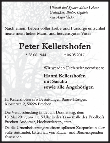Anzeige von Peter Kellershofen von  Sonntags-Post 