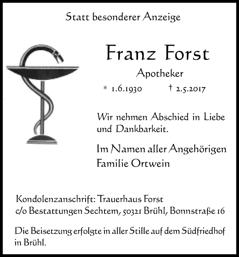 Traueranzeige für Franz Forst vom 17.05.2017 aus Kölner Stadt-Anzeiger / Kölnische Rundschau / Express