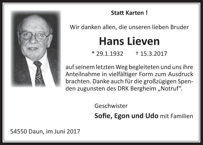  Traueranzeige für Hans Lieven vom 31.05.2017 aus  Werbepost 