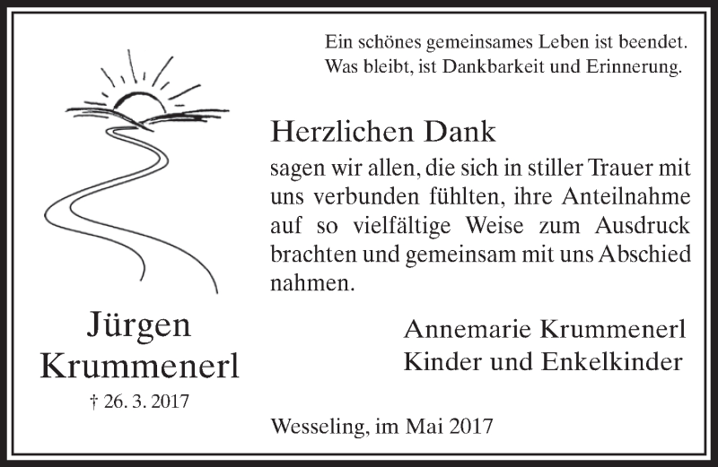  Traueranzeige für Jürgen Krummenerl vom 10.05.2017 aus  Schlossbote/Werbekurier 