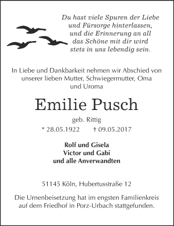 Anzeige von Emilie Pusch von  Kölner Wochenspiegel 