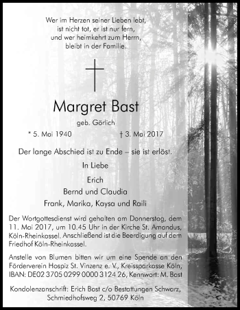 Anzeige von Margret Bast von Kölner Stadt-Anzeiger / Kölnische Rundschau / Express