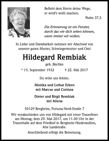 Anzeige von Hildegard Rembiak von Kölner Stadt-Anzeiger / Kölnische Rundschau / Express