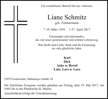 Anzeige von Liane Schmitz von Kölner Stadt-Anzeiger / Kölnische Rundschau / Express