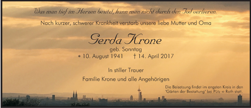  Traueranzeige für Gerda Krone vom 03.05.2017 aus  Bergisches Handelsblatt 