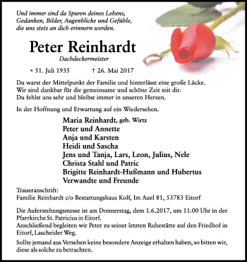 Anzeige von Peter Reinhardt von Kölner Stadt-Anzeiger / Kölnische Rundschau / Express