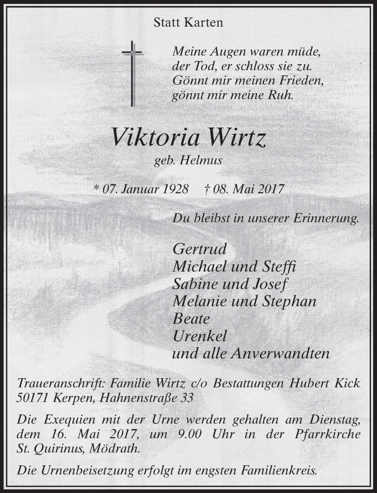  Traueranzeige für Viktoria Wirtz vom 13.05.2017 aus  Sonntags-Post 
