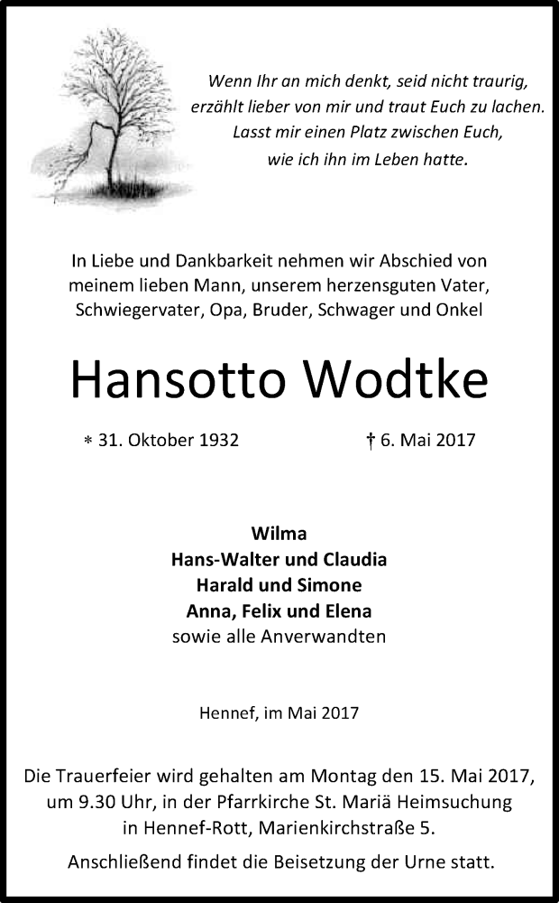  Traueranzeige für Hansotto Wodtke vom 11.05.2017 aus Kölner Stadt-Anzeiger / Kölnische Rundschau / Express