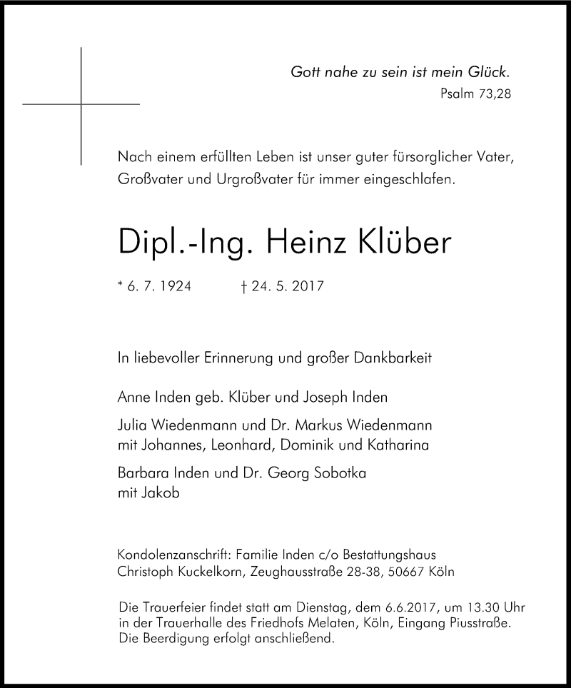  Traueranzeige für Heinz Klüber vom 31.05.2017 aus Kölner Stadt-Anzeiger / Kölnische Rundschau / Express