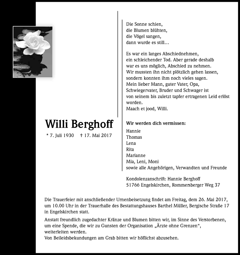  Traueranzeige für Willi Berghoff vom 23.05.2017 aus Kölner Stadt-Anzeiger / Kölnische Rundschau / Express