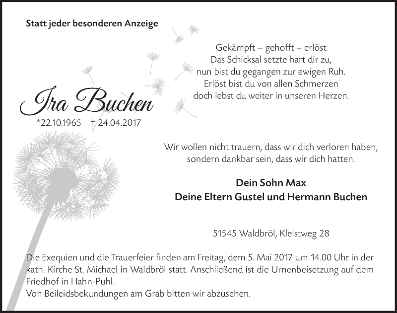  Traueranzeige für Ira Buchen vom 03.05.2017 aus  Lokalanzeiger 