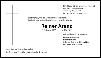 Anzeige von Reiner Arenz von Kölner Stadt-Anzeiger / Kölnische Rundschau / Express