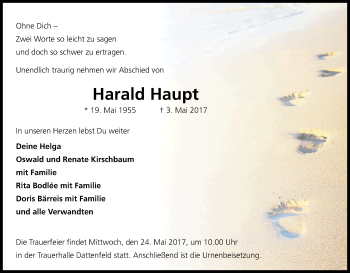 Anzeige von Harald Haupt von Kölner Stadt-Anzeiger / Kölnische Rundschau / Express