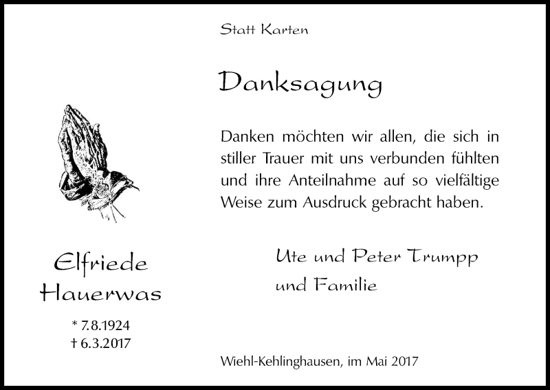  Traueranzeige für Elfriede Hauerwas vom 06.05.2017 aus Kölner Stadt-Anzeiger / Kölnische Rundschau / Express