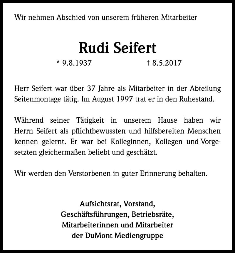  Traueranzeige für Rudi Seifert vom 20.05.2017 aus Kölner Stadt-Anzeiger / Kölnische Rundschau / Express