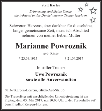 Anzeige von Marianne Powroznik von  Werbepost 