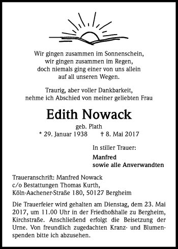 Anzeige von Edith Nowack von Kölner Stadt-Anzeiger / Kölnische Rundschau / Express