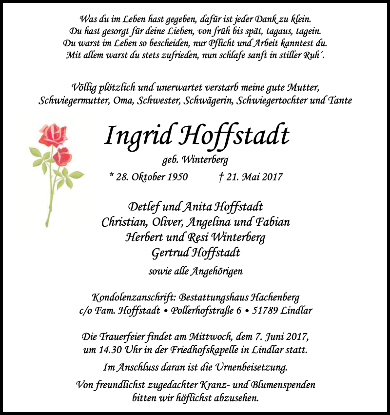 Traueranzeige für Ingrid Hoffstadt vom 27.05.2017 aus Kölner Stadt-Anzeiger / Kölnische Rundschau / Express