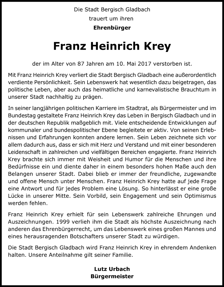 Traueranzeige für Franz Heinrich Krey vom 16.05.2017 aus Kölner Stadt-Anzeiger / Kölnische Rundschau / Express
