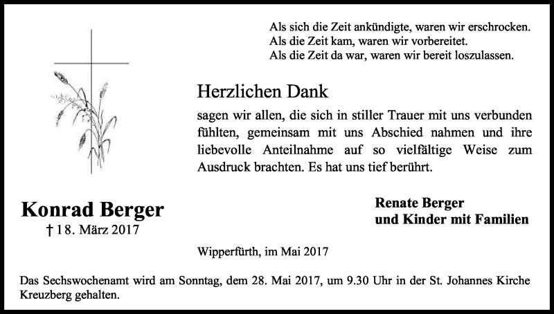  Traueranzeige für Konrad Berger vom 20.05.2017 aus Kölner Stadt-Anzeiger / Kölnische Rundschau / Express