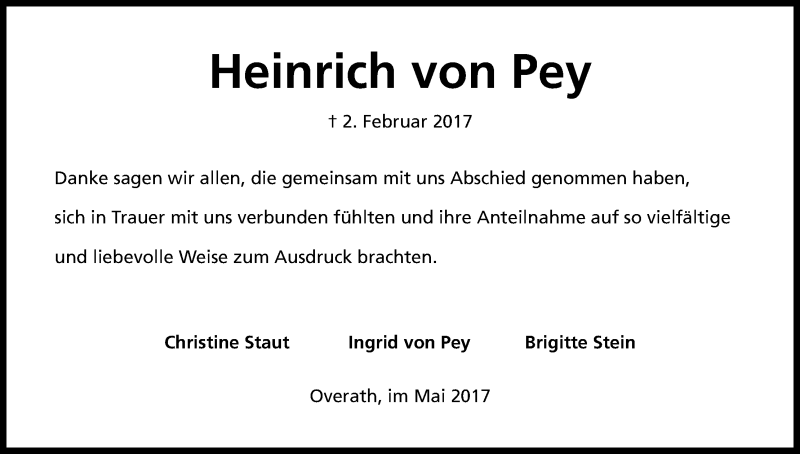  Traueranzeige für Heinrich von Pey vom 05.05.2017 aus Kölner Stadt-Anzeiger / Kölnische Rundschau / Express