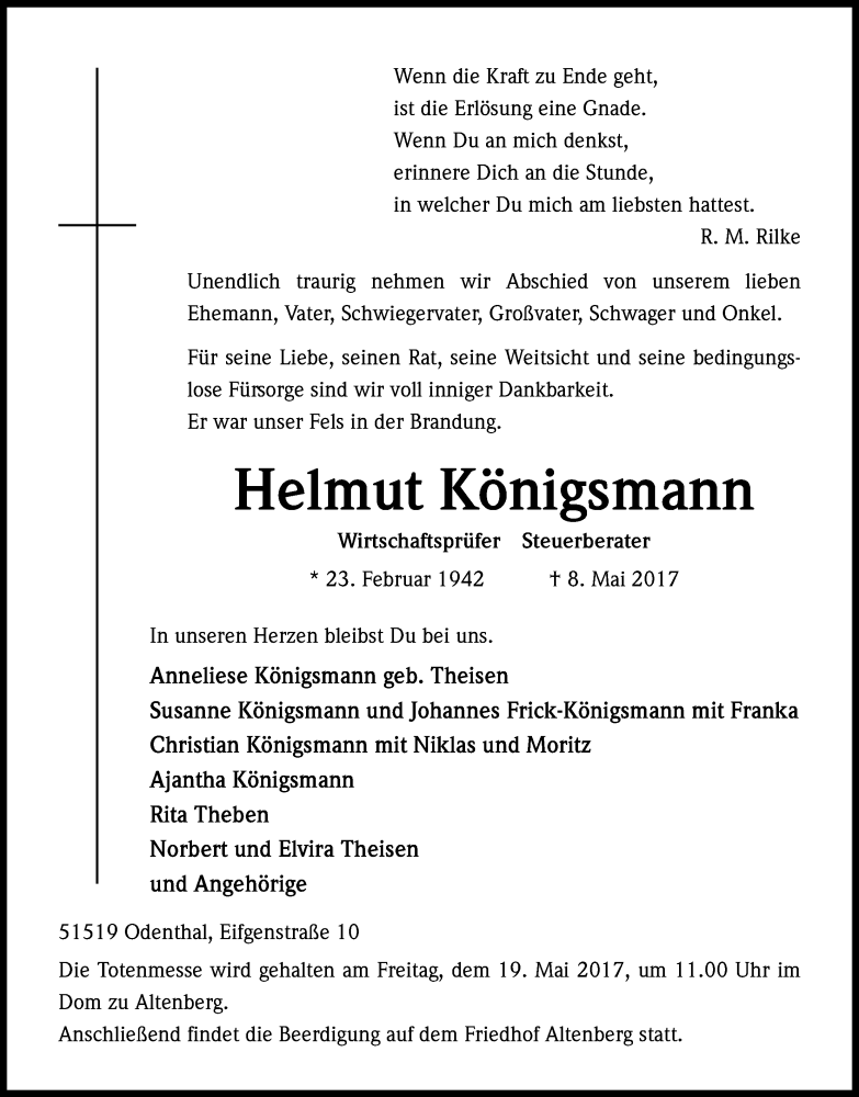  Traueranzeige für Helmut Königsmann vom 13.05.2017 aus Kölner Stadt-Anzeiger / Kölnische Rundschau / Express